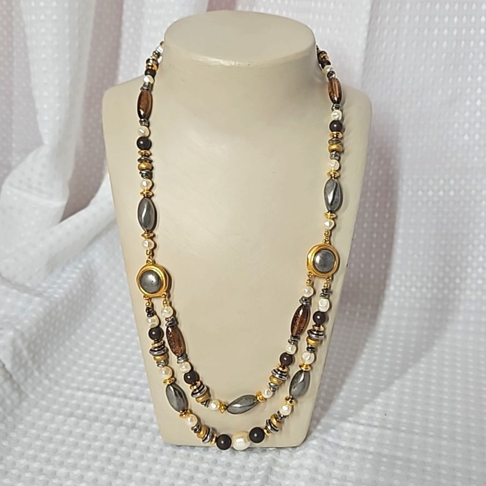 Liz Claiborne LCi 24" Satin Gold, Gunmetal & Faux Pearl Necklace